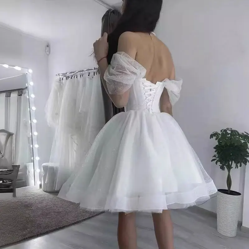 Simple Glitter Tulle Shorts Wedding Dress Off Shoulder Knee Length Short Sparkly Party Prom Ball Gowns Birthdaty Gift Custom