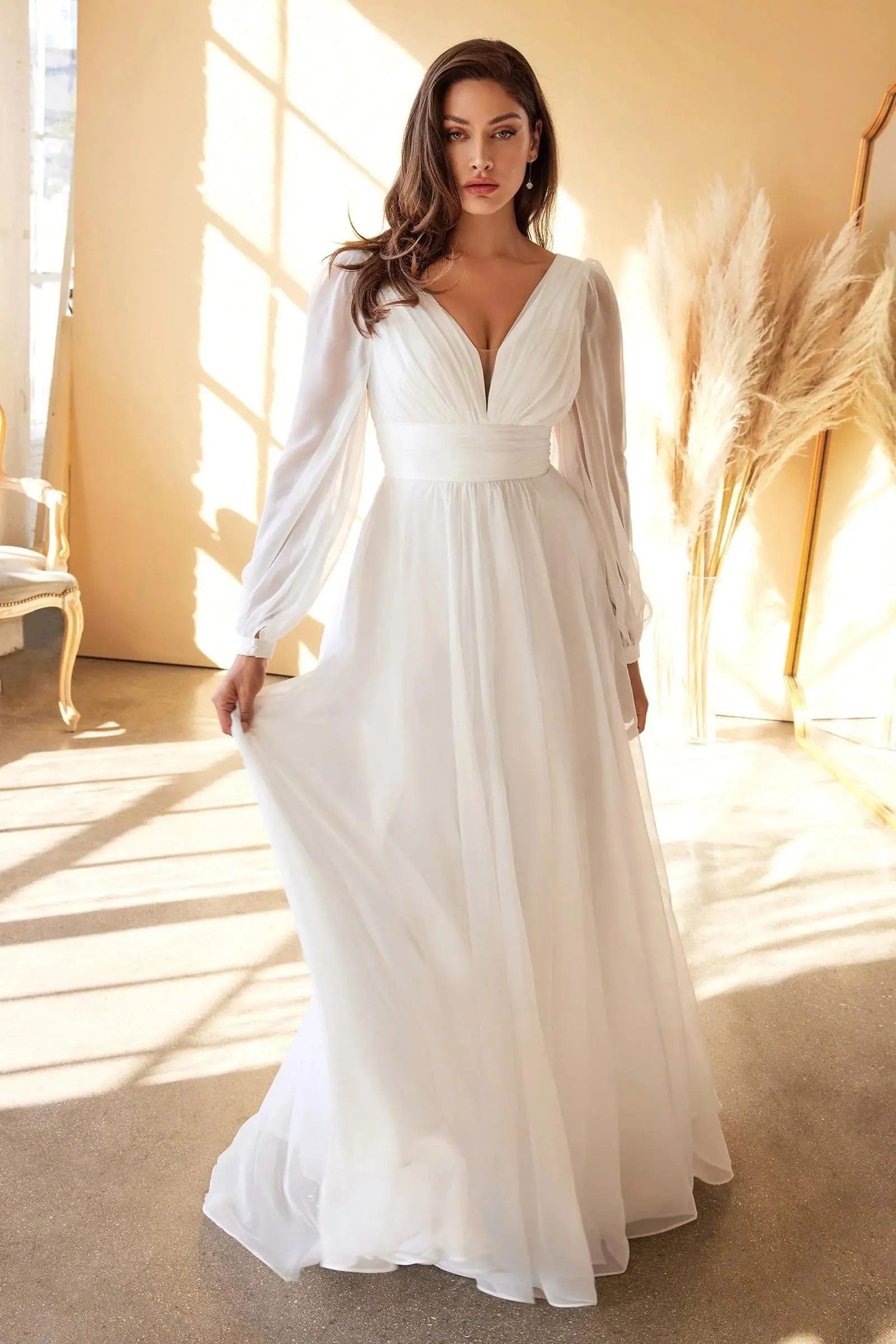 Simple Wedding Dresses for Bride V Neck Long Sleeve Chiffon Wedding Dress Simple Bridal Growns Floor-Length Vestidos De Novia