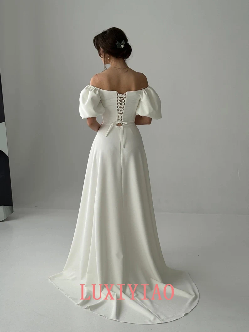 Customized Dignified Dress With Sleeves Fairy Tale Like Dress One Line Wedding Dress White Ivory Colored Dress Wedding Dress