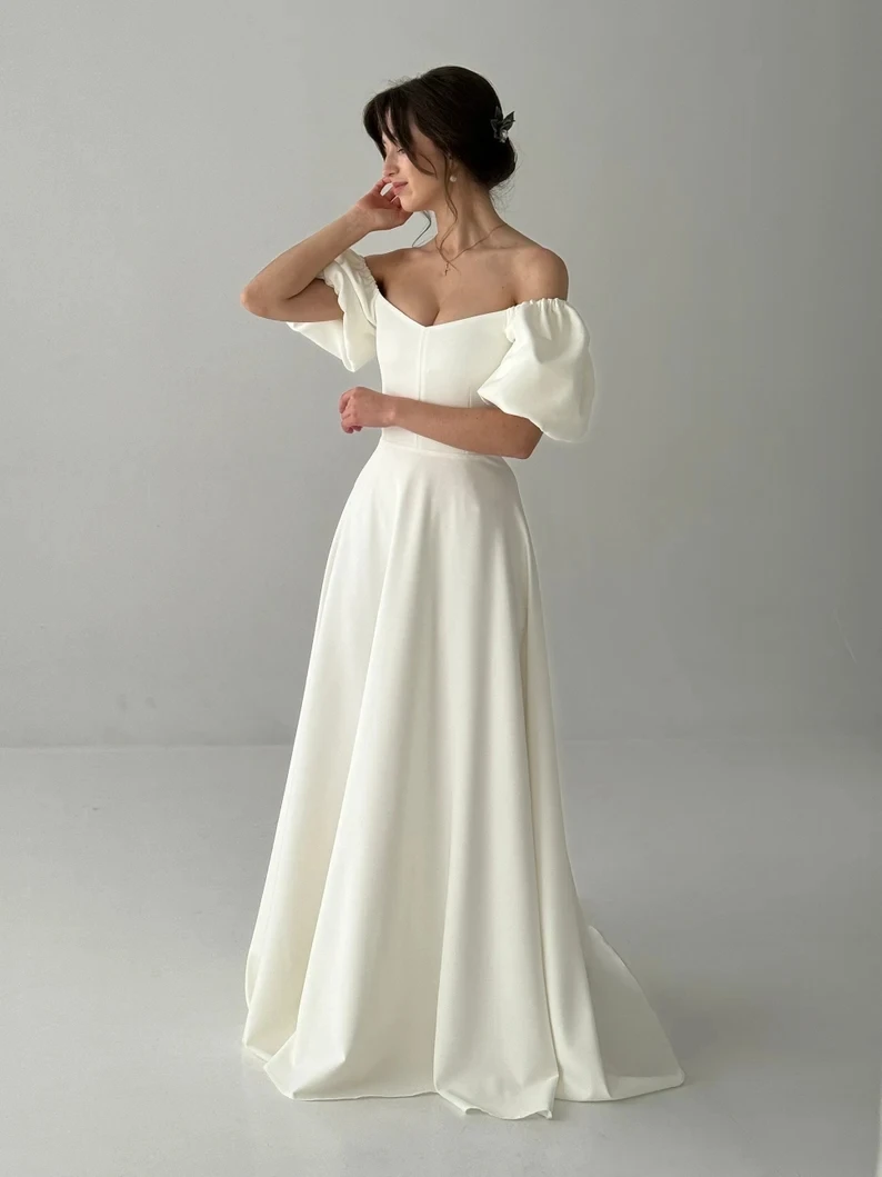 Customized Dignified Dress With Sleeves Fairy Tale Like Dress One Line Wedding Dress White Ivory Colored Dress Wedding Dress