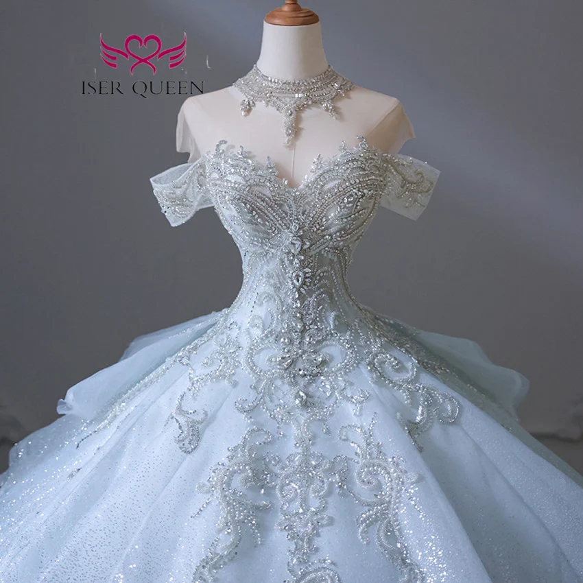 Customized Europe Luxury Wedding Dress 2026 New Heavy Beading Ivory blue Color Lace Up Princess Wedding Dresses For Bride WX0347