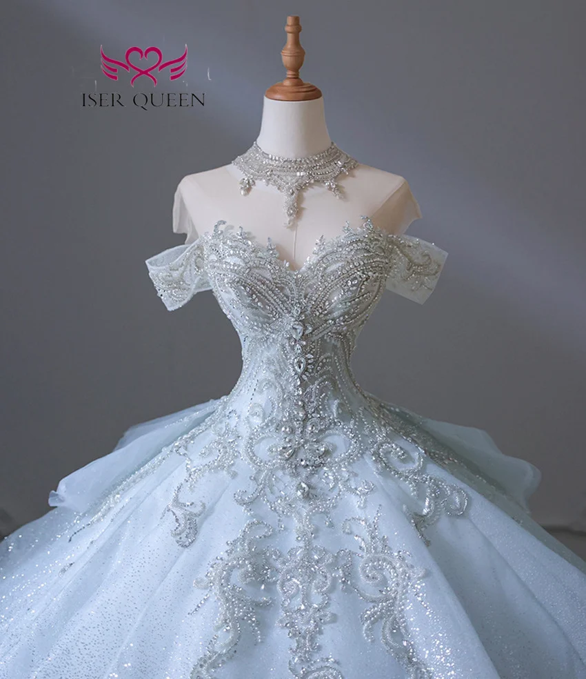 Customized Europe Luxury Wedding Dress 2026 New Heavy Beading Ivory blue Color Lace Up Princess Wedding Dresses For Bride WX0347