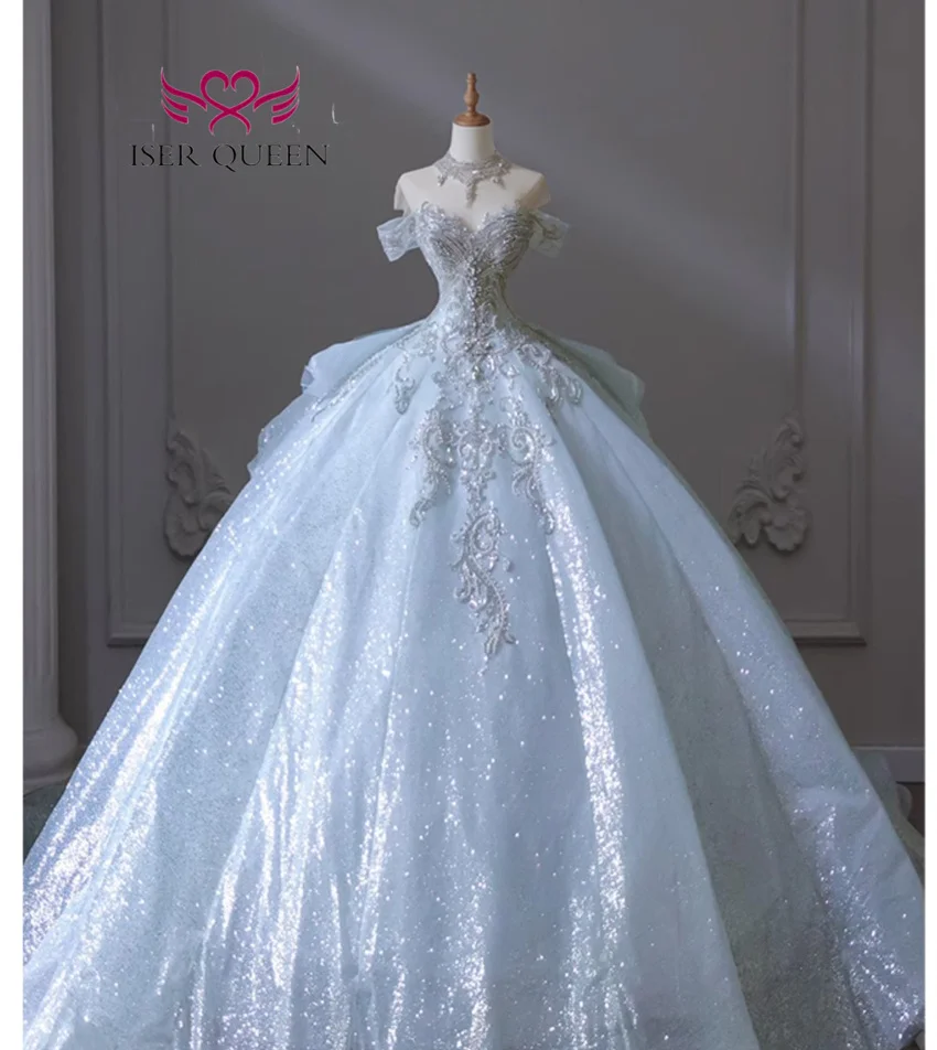 Customized Europe Luxury Wedding Dress 2026 New Heavy Beading Ivory blue Color Lace Up Princess Wedding Dresses For Bride WX0347