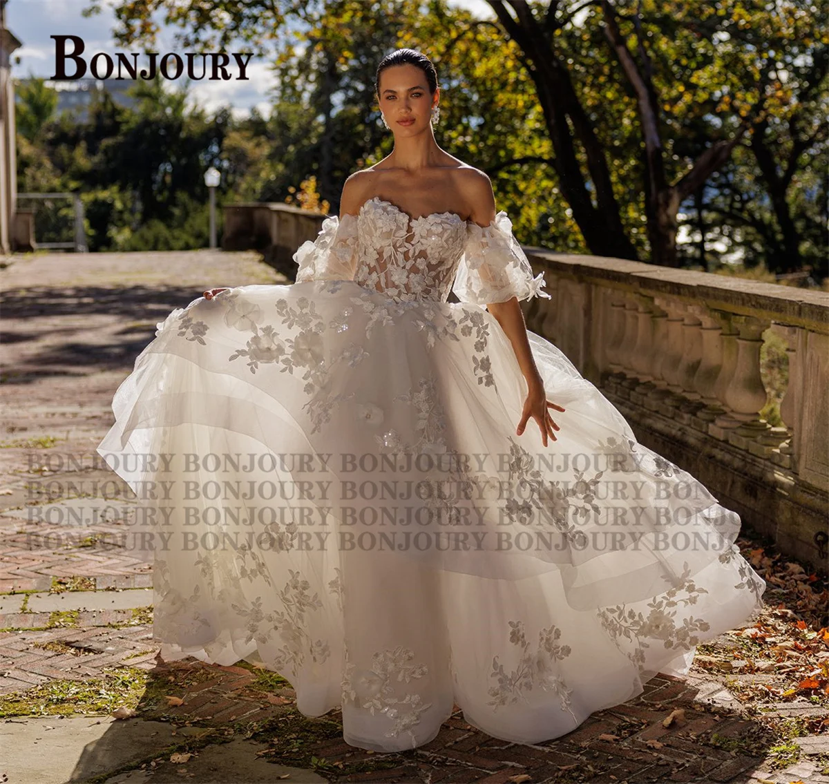 BONJOURY Charming Wedding Dresses for Women A-line Off the Shoulder Appliques Zipper Court Train Vestido De Novia Customized