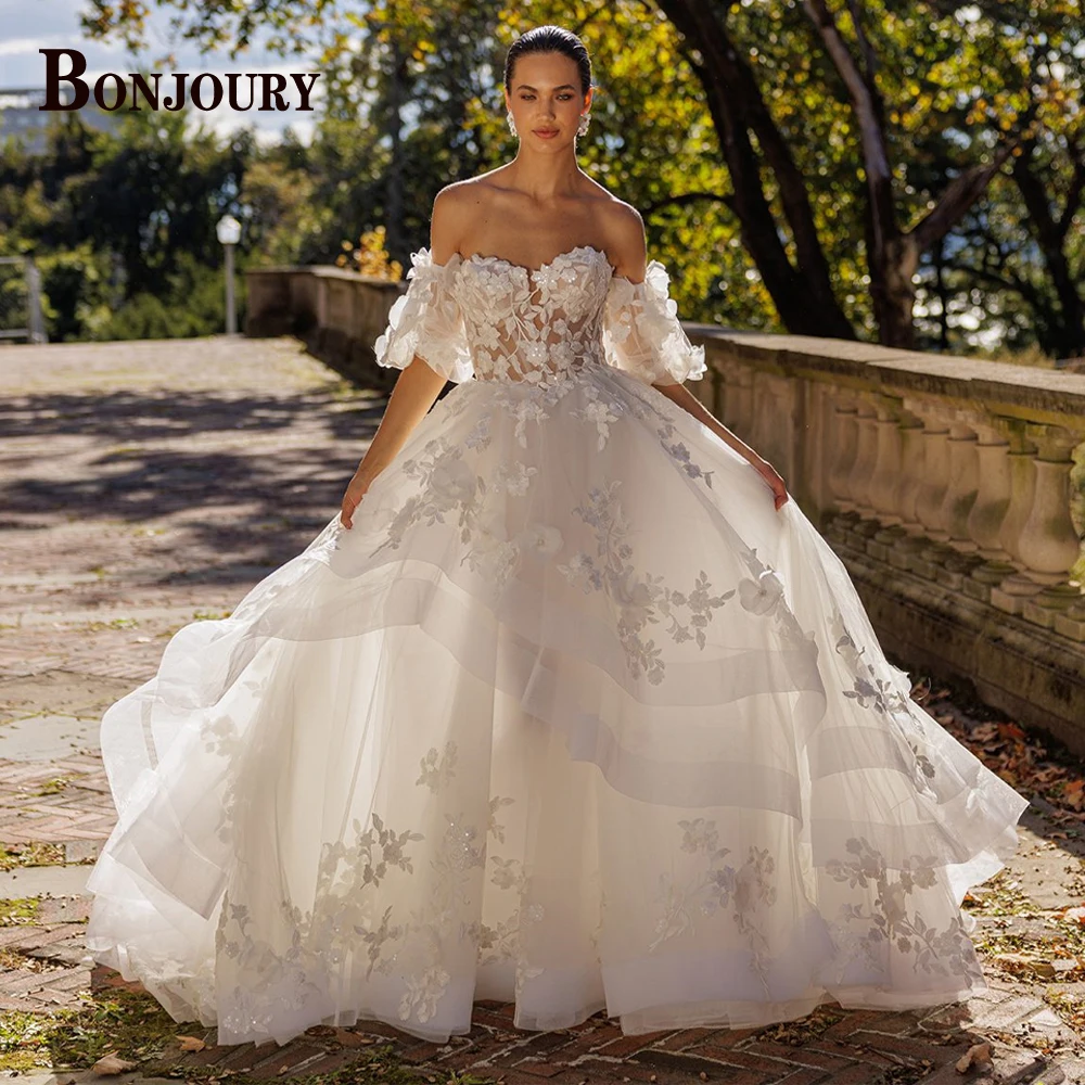 BONJOURY Charming Wedding Dresses for Women A-line Off the Shoulder Appliques Zipper Court Train Vestido De Novia Customized