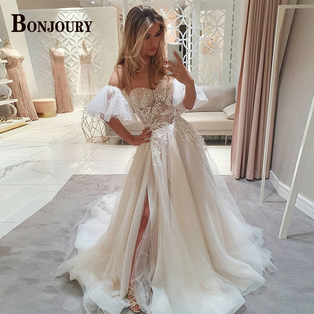 BONJOURY Charming Wedding Dresses for Women A-line Off the Shoulder Appliques Zipper Court Train Vestido De Novia Customized
