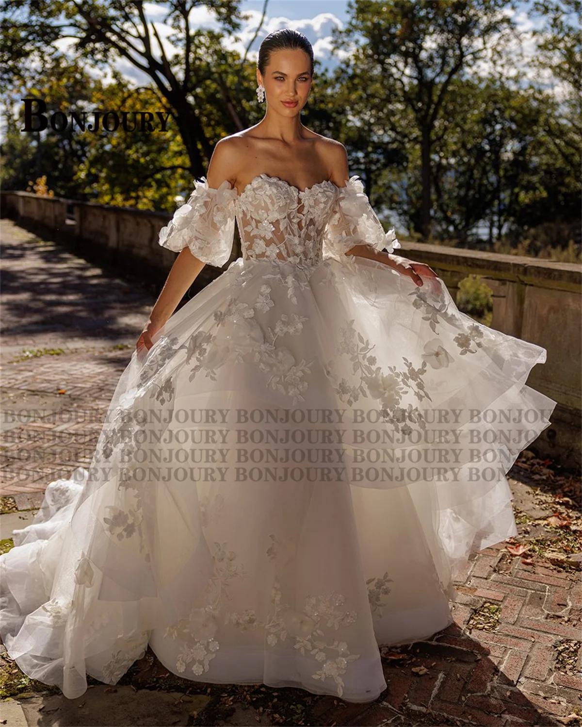BONJOURY Charming Wedding Dresses for Women A-line Off the Shoulder Appliques Zipper Court Train Vestido De Novia Customized