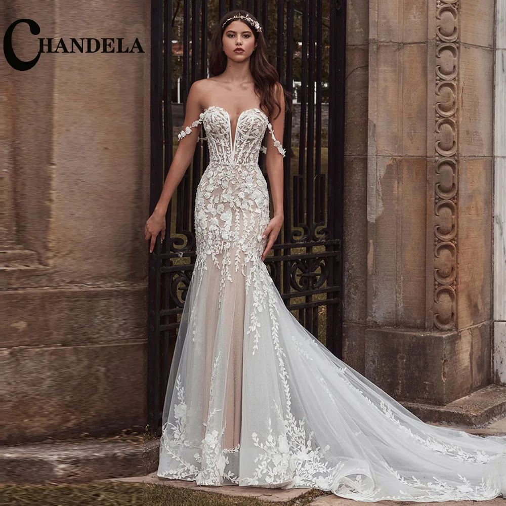 CHANDELA Classic Lace Appliques Wedding Dress for Women Off the Shoulder Mermaid Lacing up Vestido De Casamento Customised