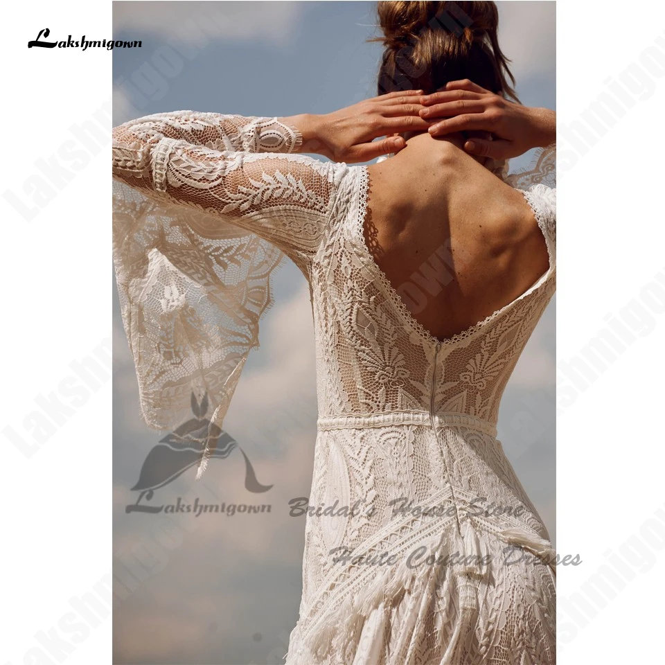 Lakshmigown Civil Bridal Boho Long Sleeve Lace Mermaid Wedding Gowns V Neck Sexy Women Beach Wedding Dresses 2026 Customized