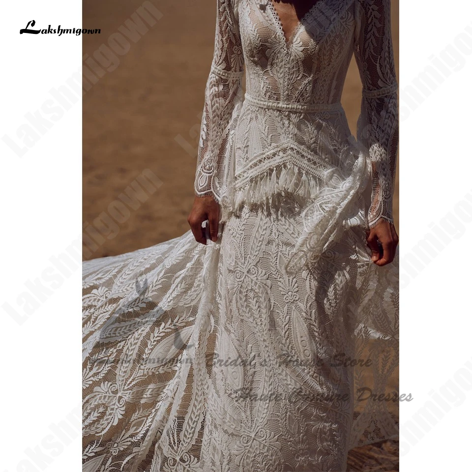 Lakshmigown Civil Bridal Boho Long Sleeve Lace Mermaid Wedding Gowns V Neck Sexy Women Beach Wedding Dresses 2026 Customized
