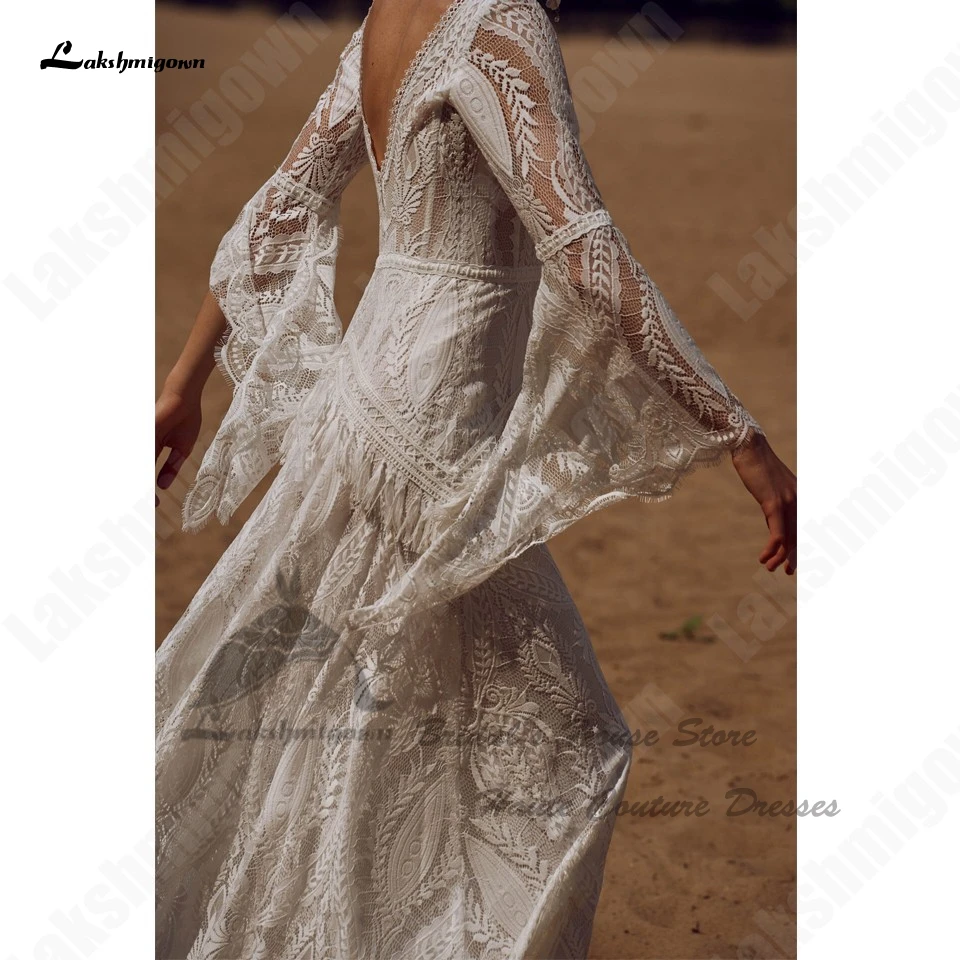 Lakshmigown Civil Bridal Boho Long Sleeve Lace Mermaid Wedding Gowns V Neck Sexy Women Beach Wedding Dresses 2026 Customized