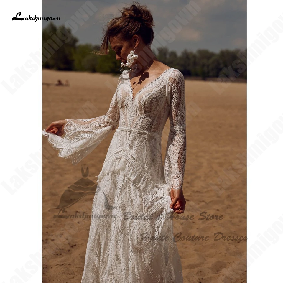 Lakshmigown Civil Bridal Boho Long Sleeve Lace Mermaid Wedding Gowns V Neck Sexy Women Beach Wedding Dresses 2026 Customized