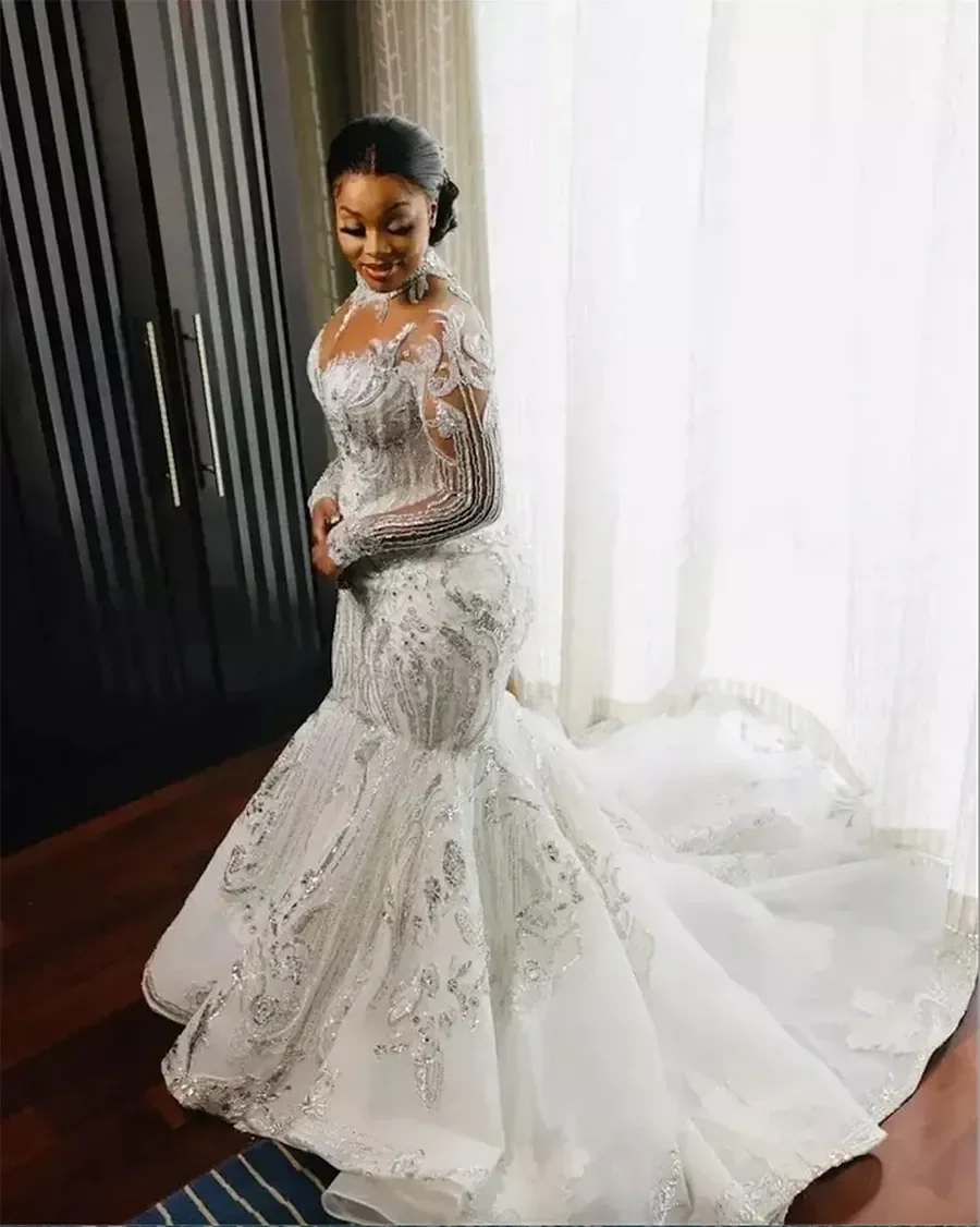 Customized 2025 Long Sleeves Mermaid Wedding Dresses Bridal Gown Sequins Lace Applique High Neck Sweep Train Vestidos Plus Size