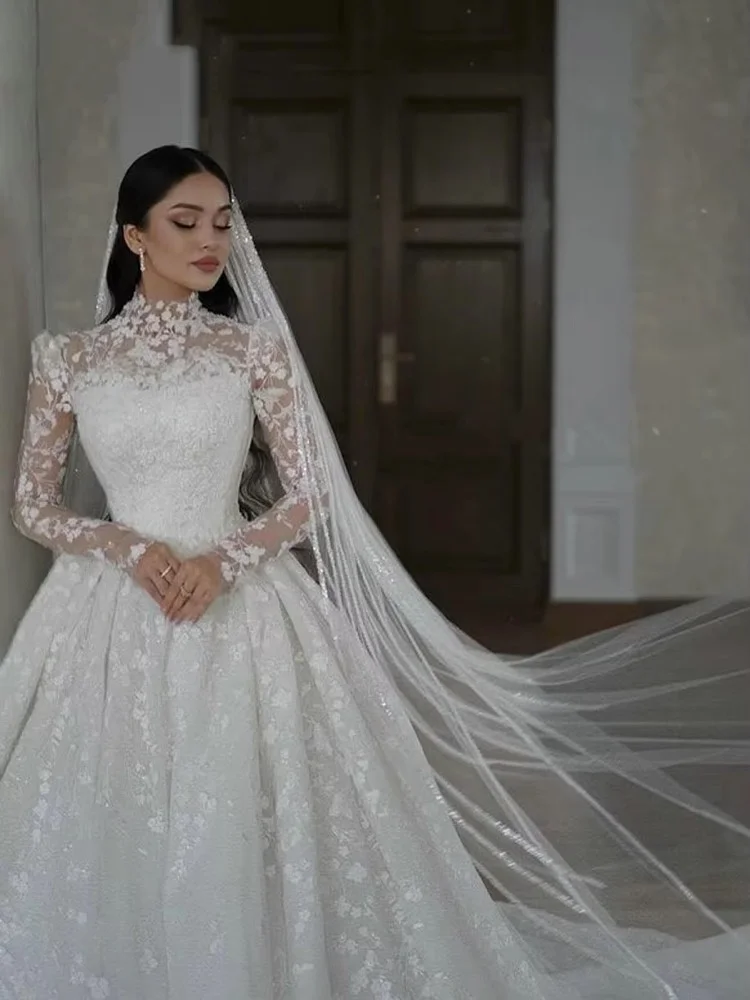 Luxury Long Sleeve Wedding Dresses High Neck Robes Customized Appliques Lace Country Bridal Gowns Vestidos De Novia
