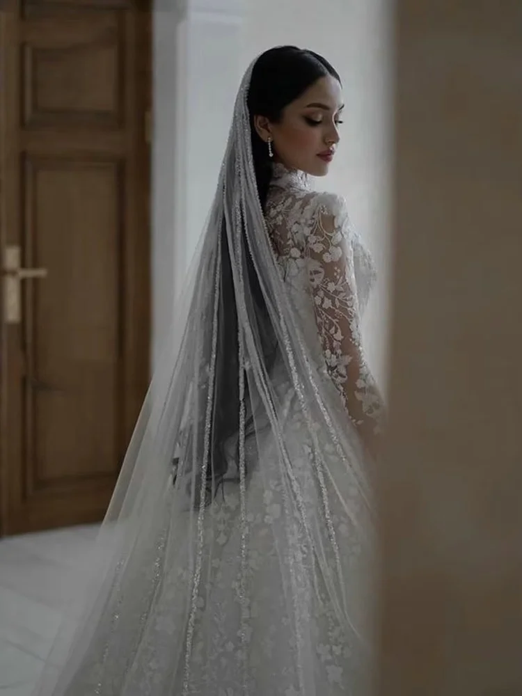 Luxury Long Sleeve Wedding Dresses High Neck Robes Customized Appliques Lace Country Bridal Gowns Vestidos De Novia