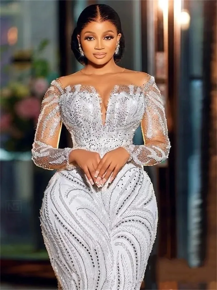 Charming Long-Sleeved Wedding Dress Sexy Off-Shoulder Bridal Gown Solemn Mermaid Floor Length Women Gowns Vestidos De Novia
