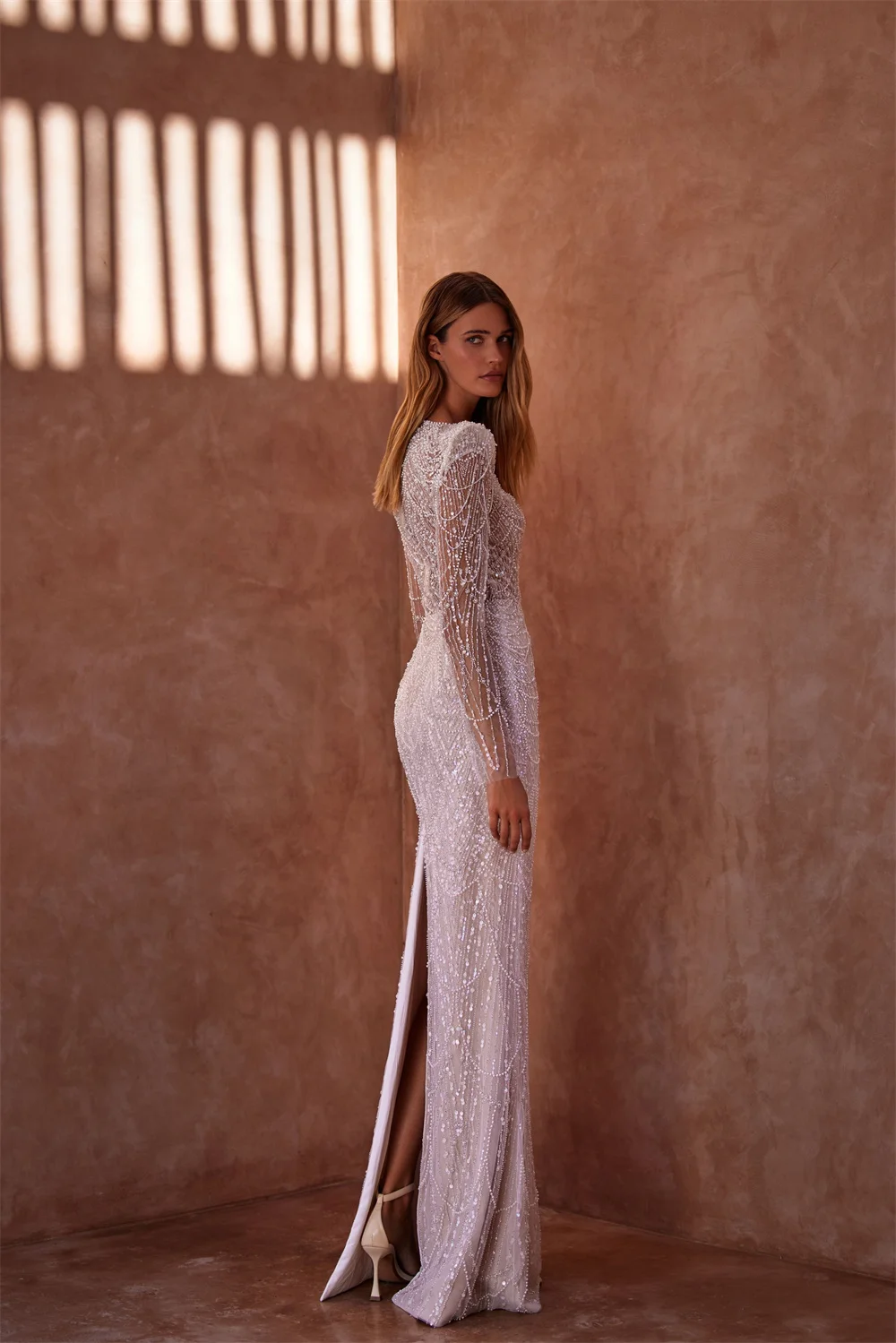 MisShow New Pearl Beaded Mermaid Weddding Dresses Luxury 2026 Long Sleeves Floor Length Bridal Gowns with Back Split Customized