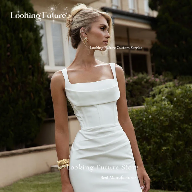Simple Mermaid Wedding Dress Sleeveless Sexy High Slit Spaghetti Straps Pleat Square Collar Bridal Growns Sweep Train Customized