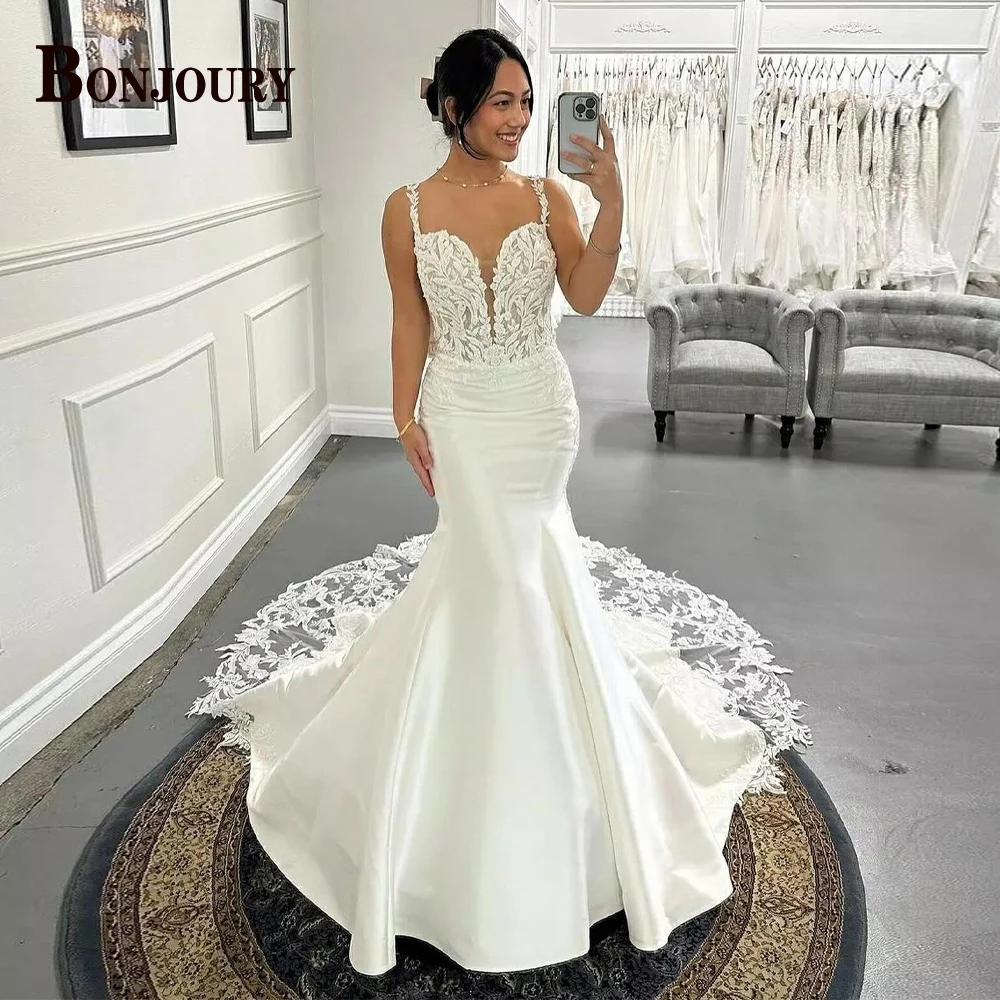BONJOURY Modern Wedding Dress for Women Spaghetti Straps Mermaid Detachable Train Appliques Lace up Robe De Mariee Customized