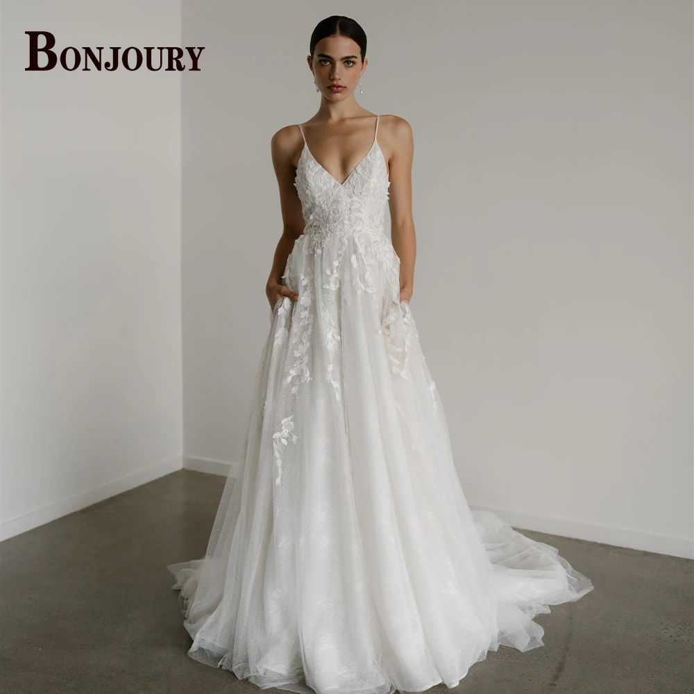 BONJOURY Modern Wedding Dress for Women Spaghetti Straps Mermaid Detachable Train Appliques Lace up Robe De Mariee Customized