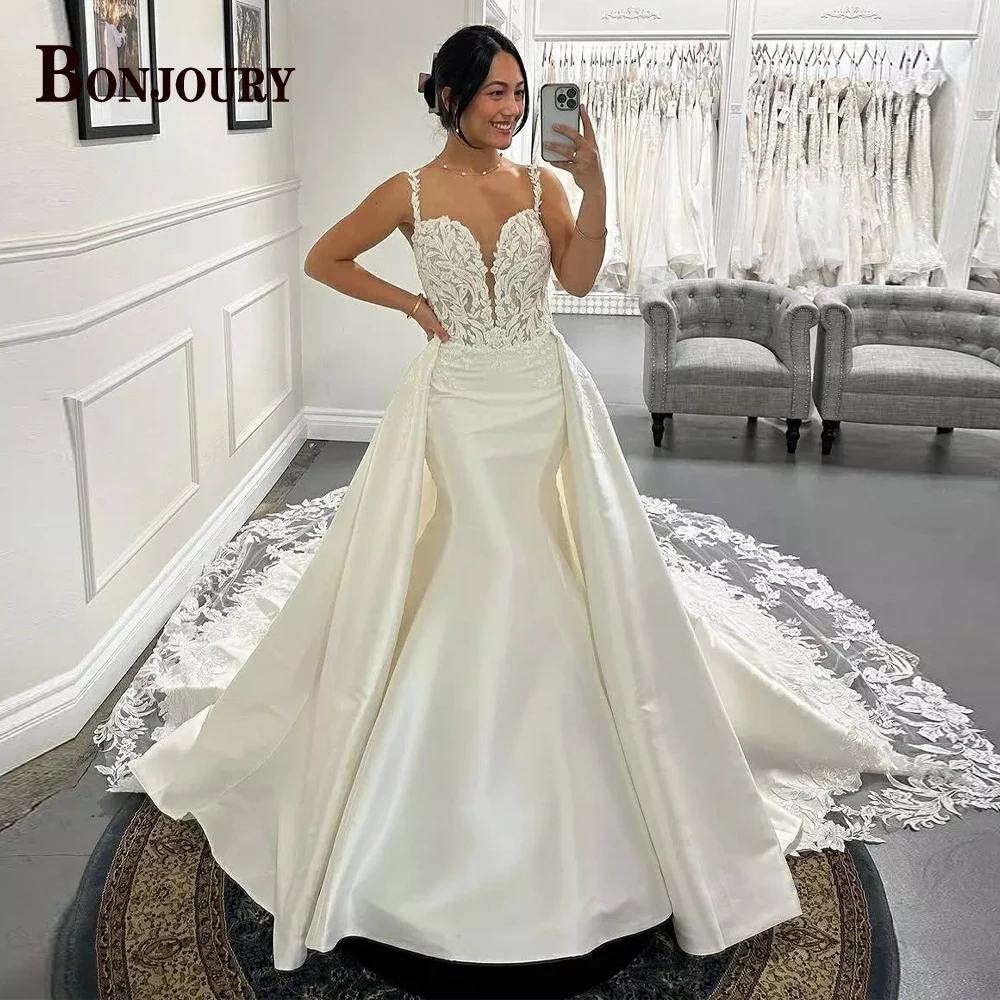 BONJOURY Modern Wedding Dress for Women Spaghetti Straps Mermaid Detachable Train Appliques Lace up Robe De Mariee Customized