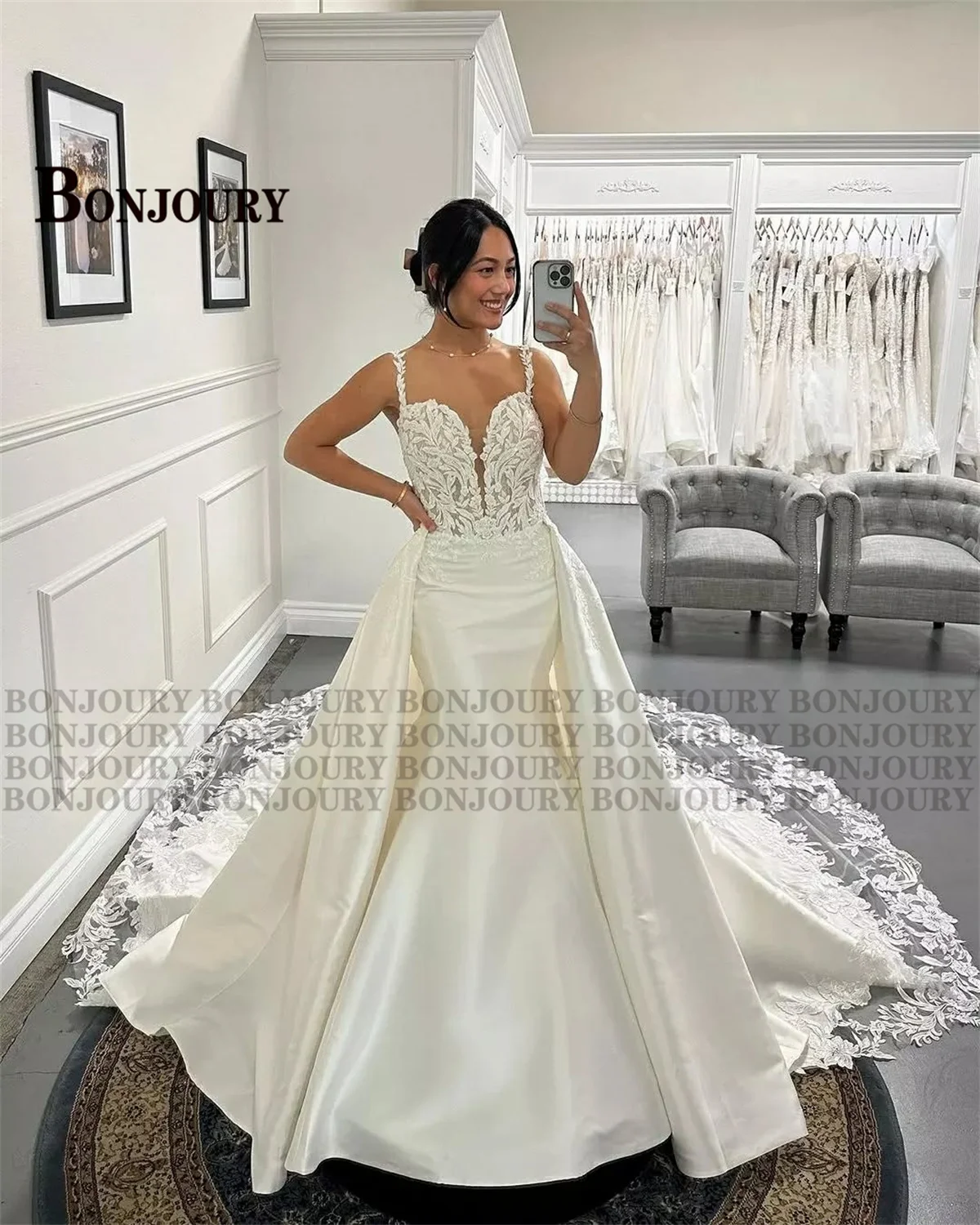 BONJOURY Modern Wedding Dress for Women Spaghetti Straps Mermaid Detachable Train Appliques Lace up Robe De Mariee Customized