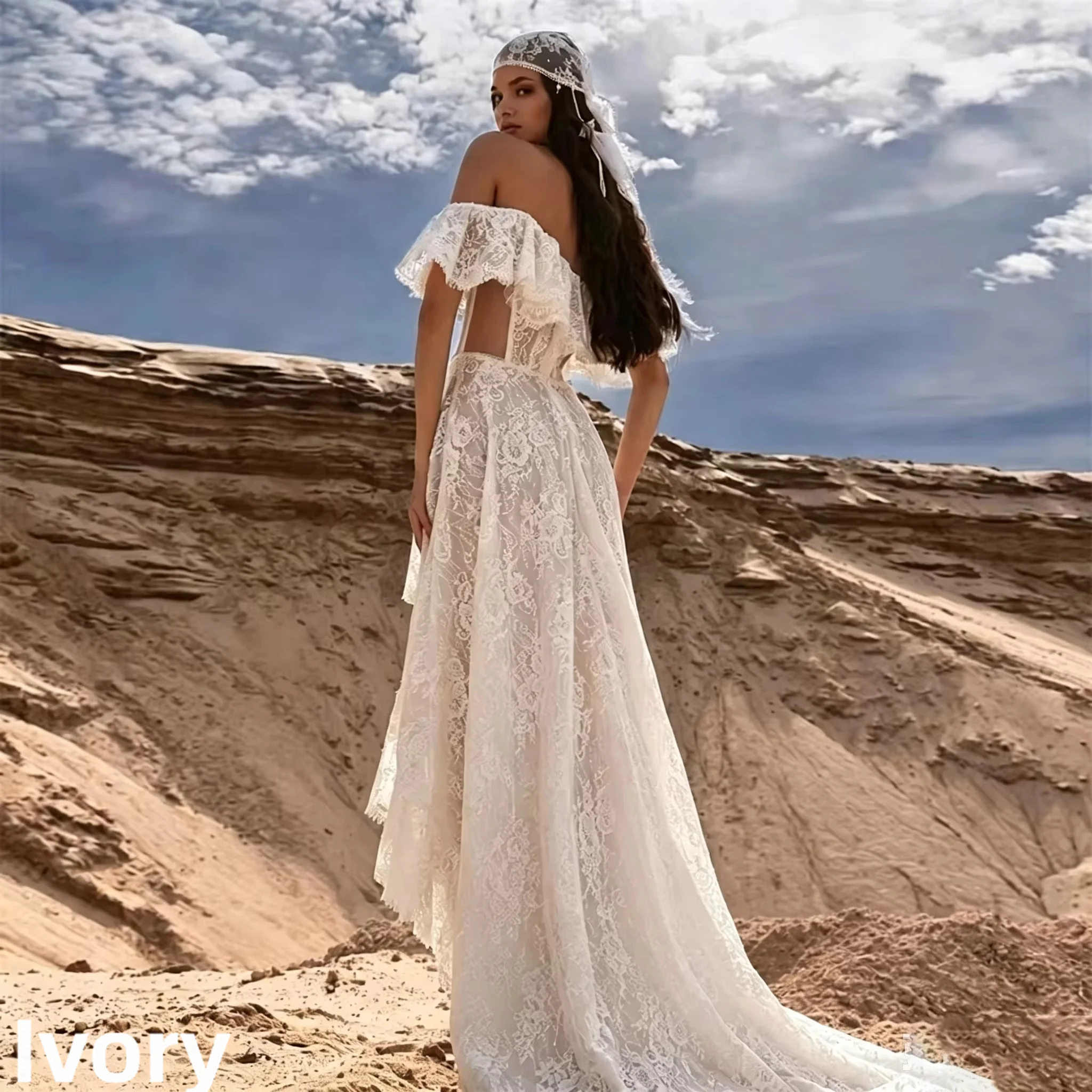 Off Shoulder Lace Wedding Dress Corset High Low Split Bridal Gown Backless Ruffle Train Desert Wedding Vestido De Novia Custom