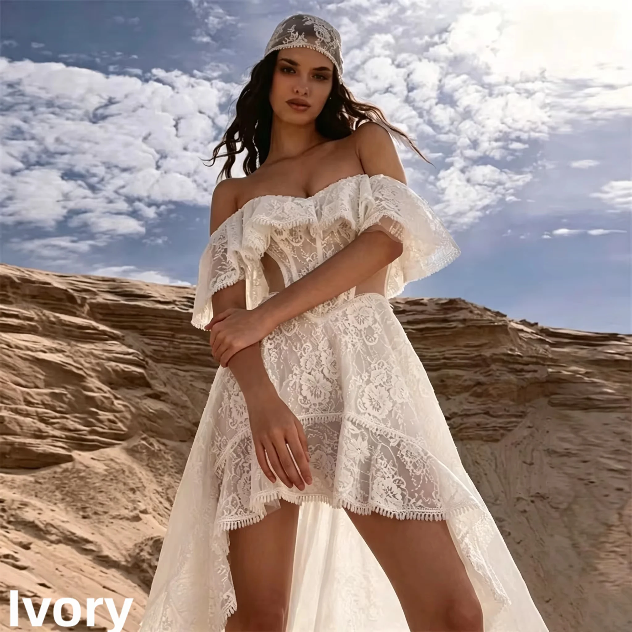Off Shoulder Lace Wedding Dress Corset High Low Split Bridal Gown Backless Ruffle Train Desert Wedding Vestido De Novia Custom