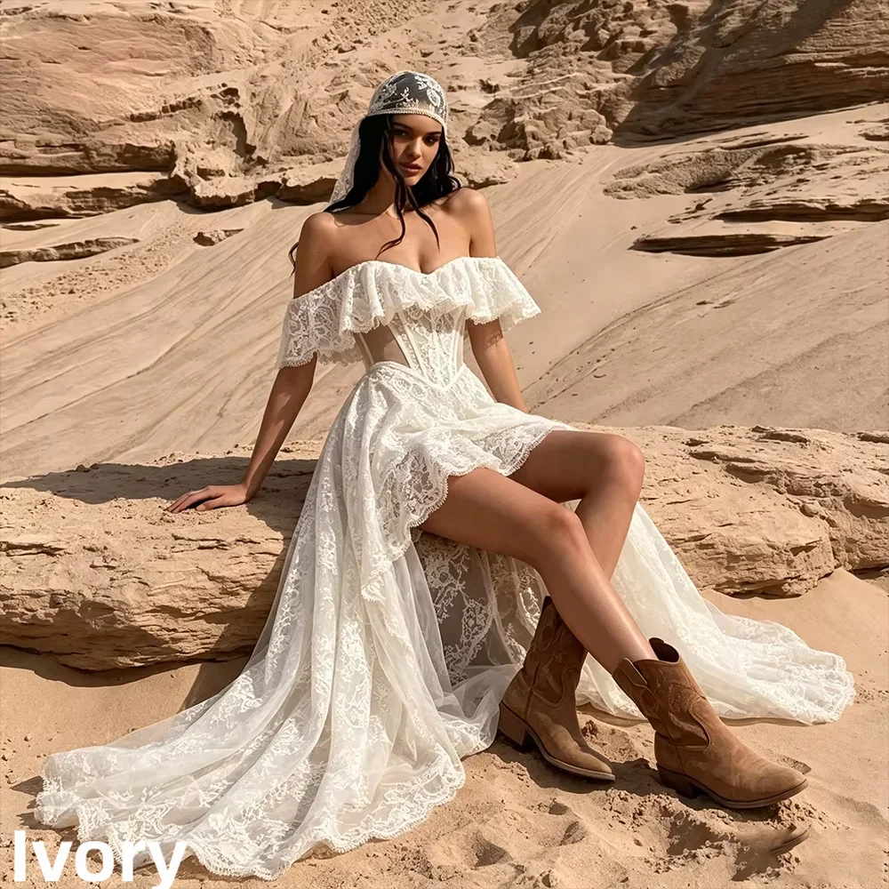 Off Shoulder Lace Wedding Dress Corset High Low Split Bridal Gown Backless Ruffle Train Desert Wedding Vestido De Novia Custom