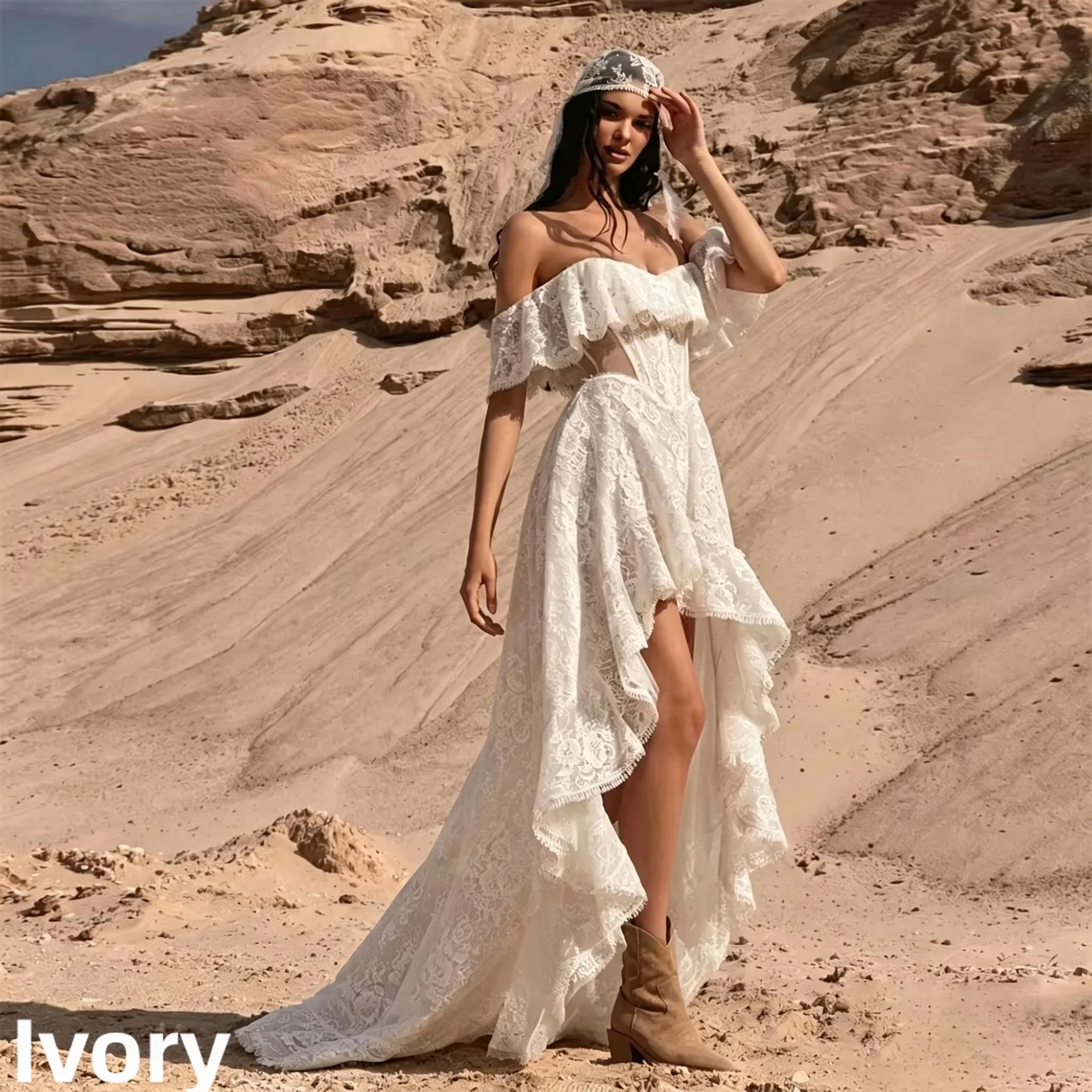 Off Shoulder Lace Wedding Dress Corset High Low Split Bridal Gown Backless Ruffle Train Desert Wedding Vestido De Novia Custom