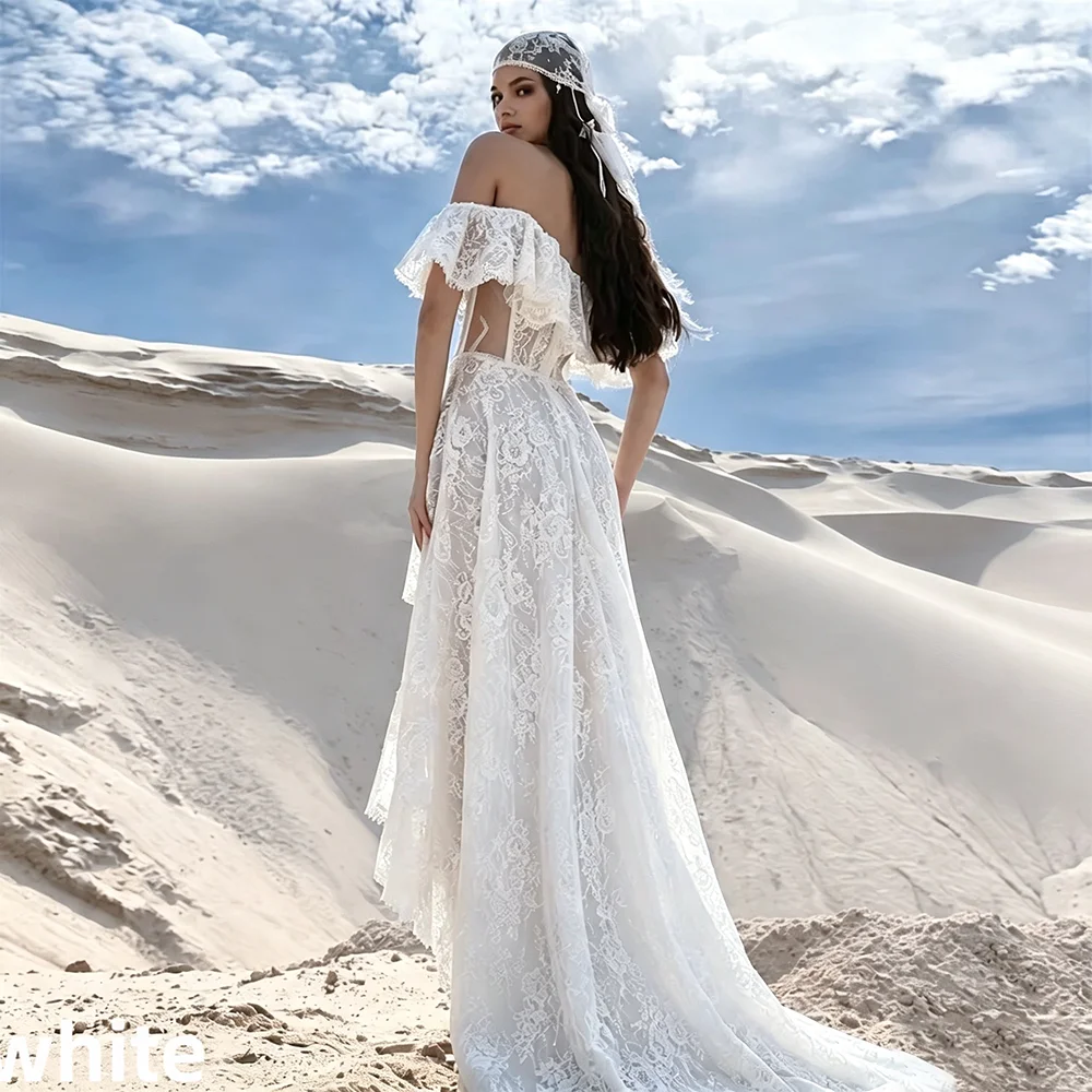 Off Shoulder Lace Wedding Dress Corset High Low Split Bridal Gown Backless Ruffle Train Desert Wedding Vestido De Novia Custom