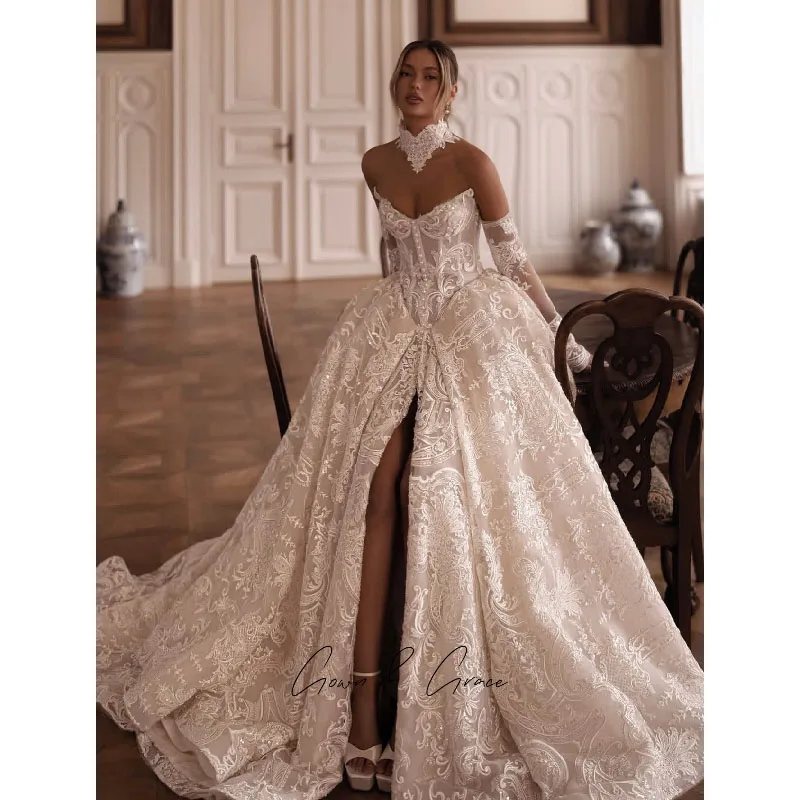 Gwn&Gce Customized Off-Shoulder Lace Wedding Dress Long Sleeve Sweetheart Bridal Gown with Train Formal Bride Dress for Women