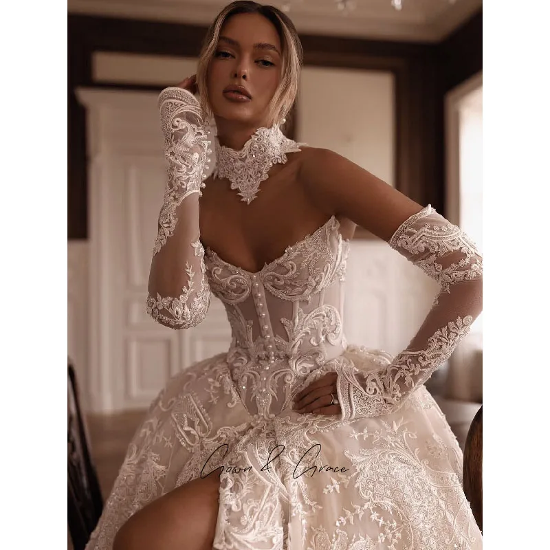 Gwn&Gce Customized Off-Shoulder Lace Wedding Dress Long Sleeve Sweetheart Bridal Gown with Train Formal Bride Dress for Women
