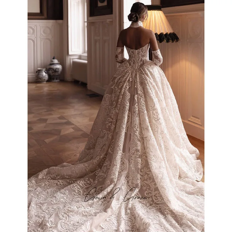 Gwn&Gce Customized Off-Shoulder Lace Wedding Dress Long Sleeve Sweetheart Bridal Gown with Train Formal Bride Dress for Women