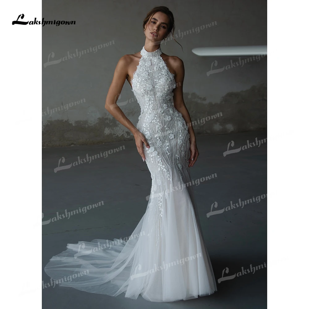 Sexy Halter High Neck Sleeveless Backless Lace Tulle Mermaid Wedding Dress Luxury 2025 Customized Bridal Gowns Vestidos De Novia