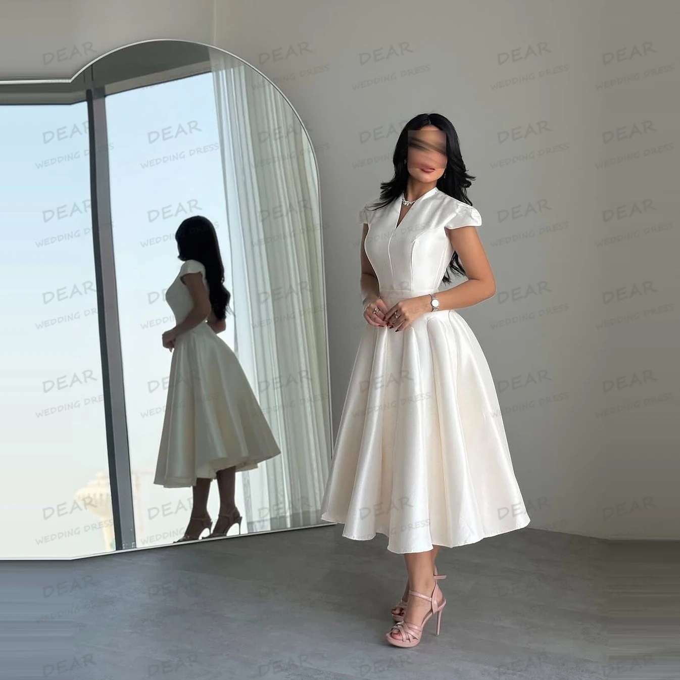 Simple A Line Wedding Dresses V Neck Cap Sleeve Women's Tea-Length Bridal Gowns Satin Formal Elegant Vestido De Novia Customized