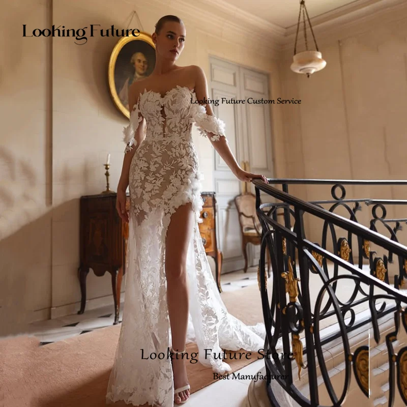 Luxury Ivory Long Sleeves Mermaid Lace Appliques Wedding Dress Sexy High Neck Pleat High Side Slit Sweep Train Gowns Customized