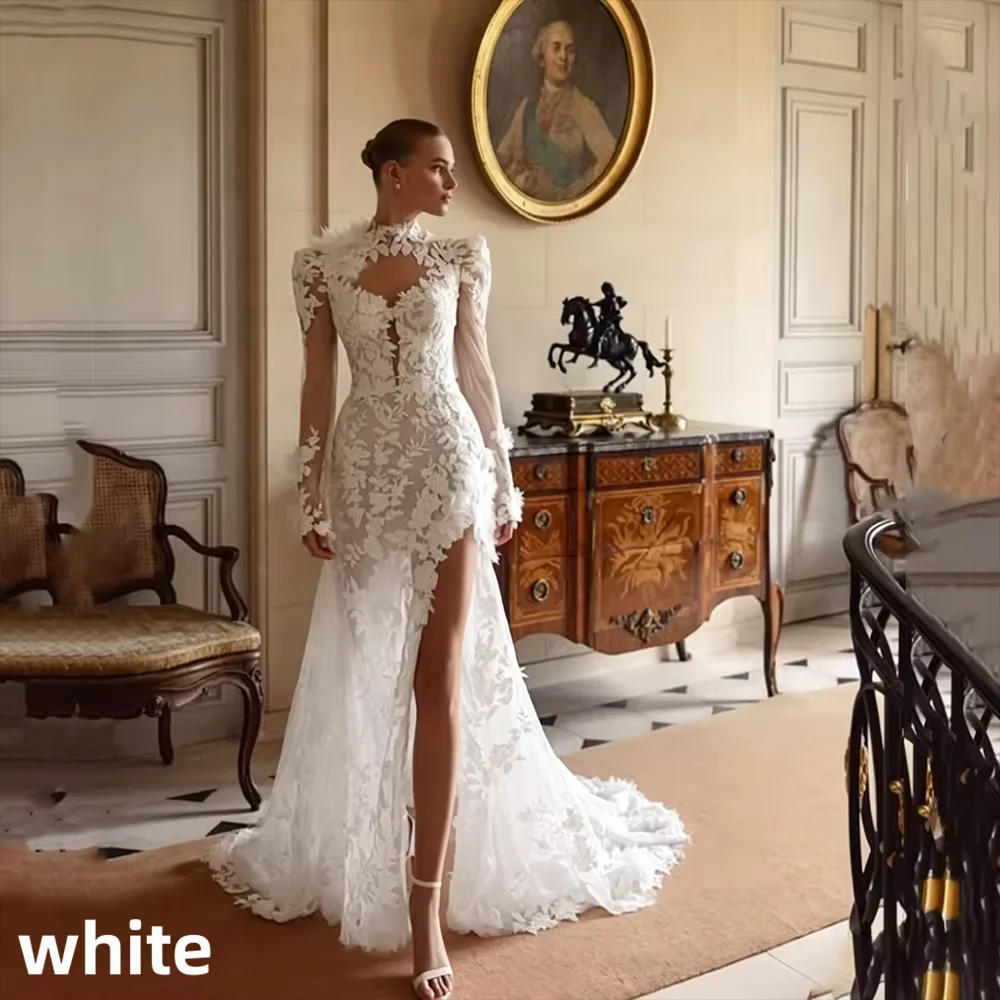Luxury Ivory Long Sleeves Mermaid Lace Appliques Wedding Dress Sexy High Neck Pleat High Side Slit Sweep Train Gowns Customized