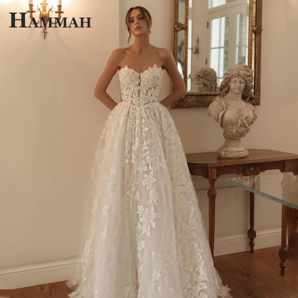 HAMMAH Elegant A-line Wedding Gown Sleeveless Lace Appliques Sweetheart Chapel Train Tulle Vestido De Casamento Customized