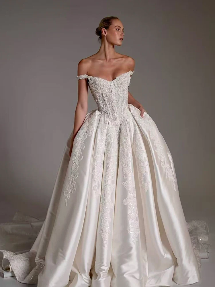 Off The Shoulder Wedding Dress Satin With Beading Embroidered Lace A-Line Ball Gown Sleeveless Strapless Customized Bride Dress