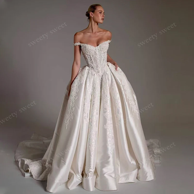Off The Shoulder Wedding Dress Satin With Beading Embroidered Lace A-Line Ball Gown Sleeveless Strapless Customized Bride Dress
