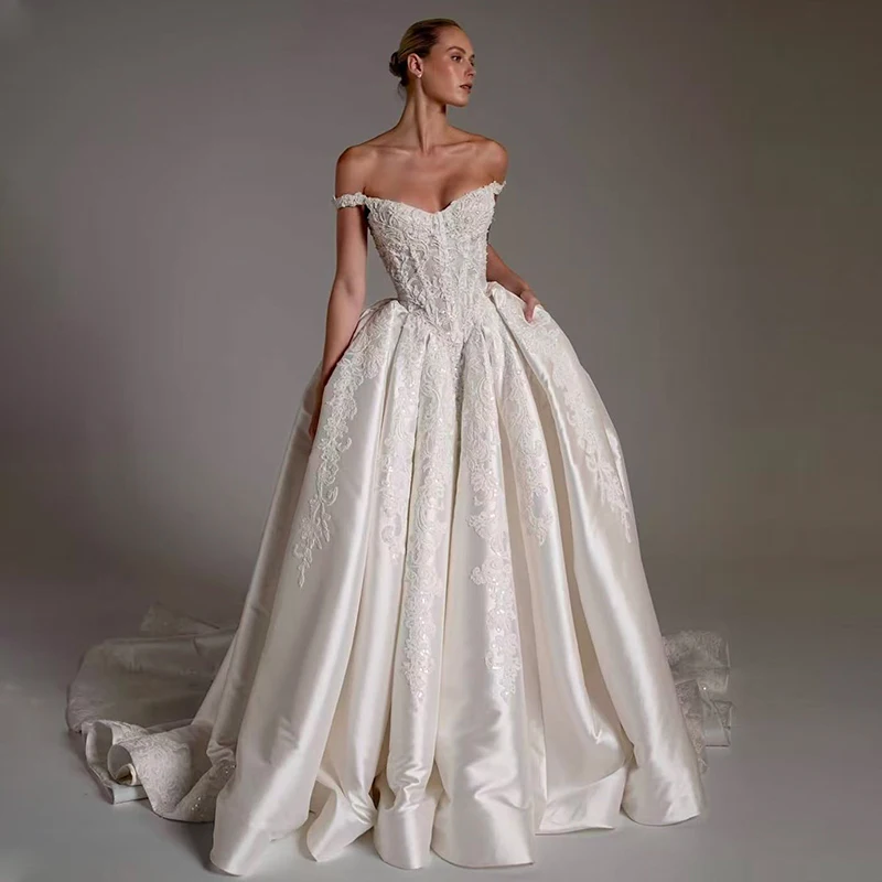 Off The Shoulder Wedding Dress Satin With Beading Embroidered Lace A-Line Ball Gown Sleeveless Strapless Customized Bride Dress