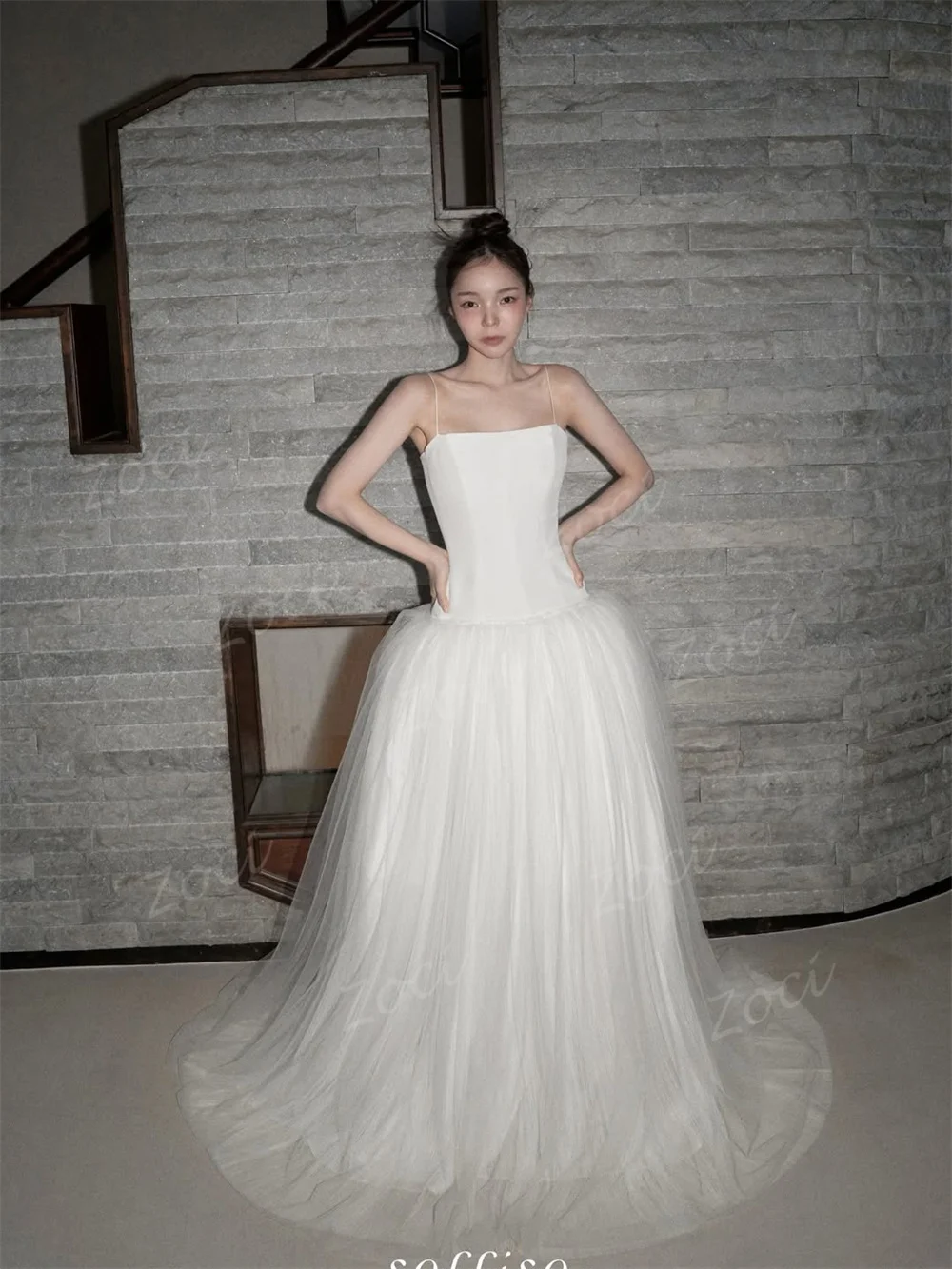 Zoci Princess Strapless Satin Tulle Korea Wedding Dresses Dropped A Line Bride Photos Shoot Dress Customized Long Wedding Gown