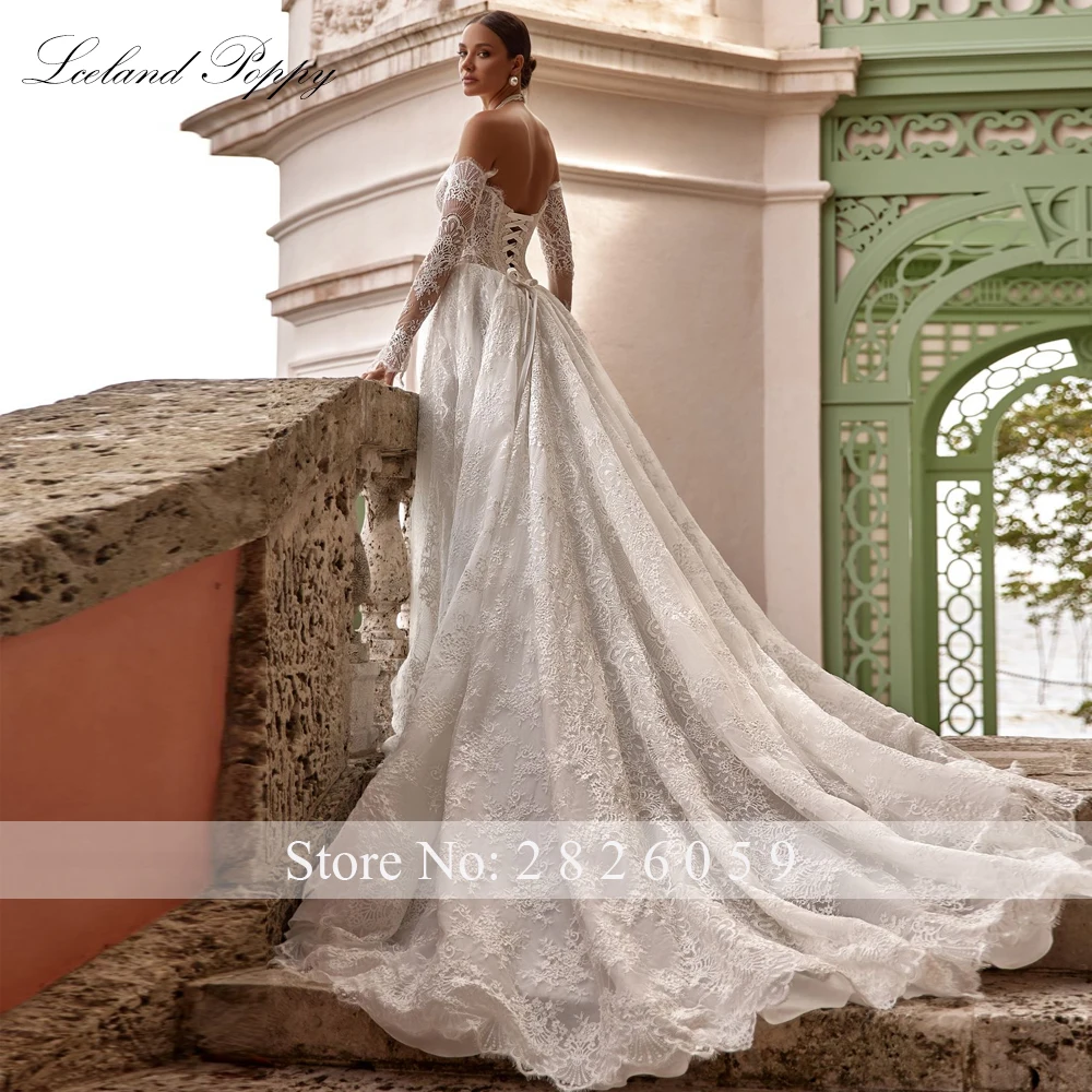 Lceland Poppy Customized A Line Boat Neck Lace Wedding Dresses Full Sleeves Illusion Bridal Gowns with Chapel Train