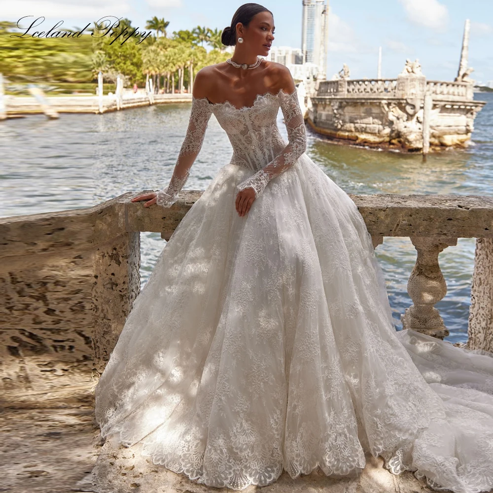 Lceland Poppy Customized A Line Boat Neck Lace Wedding Dresses Full Sleeves Illusion Bridal Gowns with Chapel Train