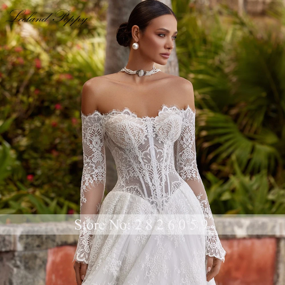 Lceland Poppy Customized A Line Boat Neck Lace Wedding Dresses Full Sleeves Illusion Bridal Gowns with Chapel Train