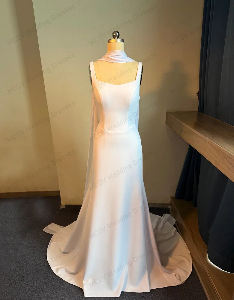 MCDV Civil Wedding Dress 2026 Square Collar Mermaid Backless Bride Gowns with Ribbons Sweep Train Vestido Noiva Customized