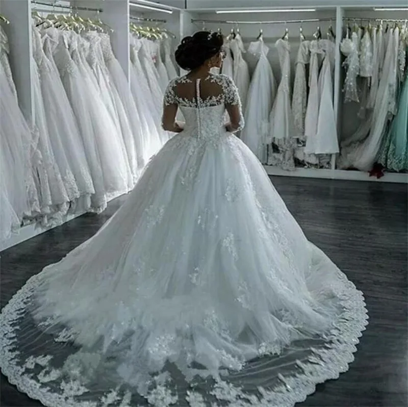 Beaded Appliques Sequins Wedding Dress Ball Gowns Long Sleeve Pleat Sweep Train Bridal Dresses Vestidos De Novia Customized