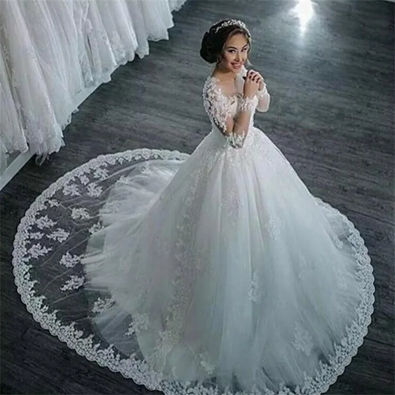 Beaded Appliques Sequins Wedding Dress Ball Gowns Long Sleeve Pleat Sweep Train Bridal Dresses Vestidos De Novia Customized