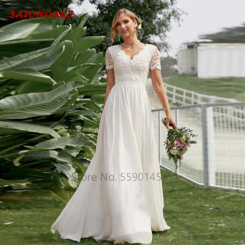 Customized Simple Elegant Chiffon Lace Wedding Dress for Women Short Sleeve V-neck Princess Party Bridal Gown Vestidos De Novia